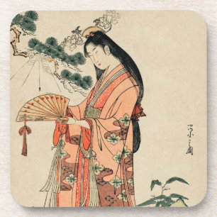 Dessous-de-verre Dessin en bois ancien d'une femme japonaise
