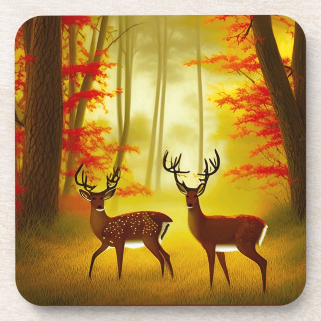 Dessous-de-verre Deux cerfs dans une forêt d'automne / Bois (Devant)