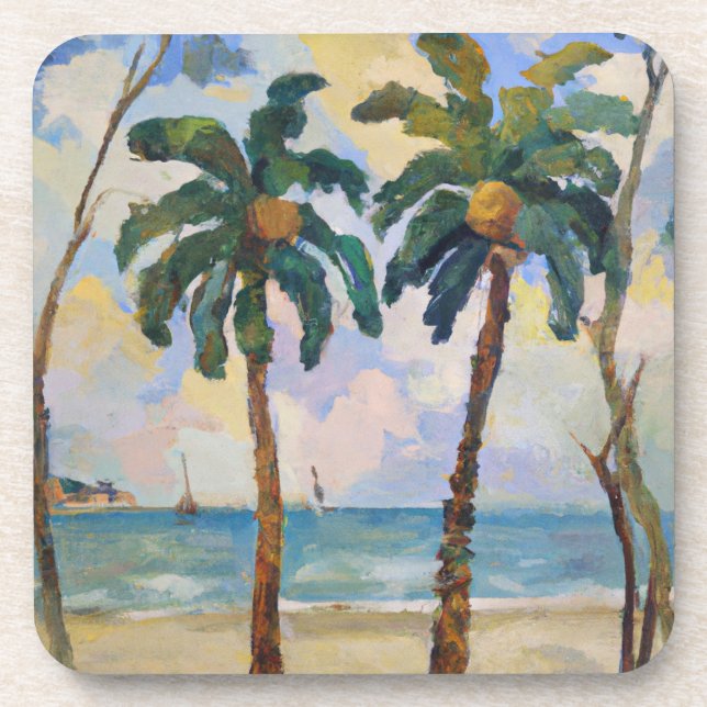 Dessous-de-verre Deux palmiers tropicaux Peinture à l'huile (Devant)