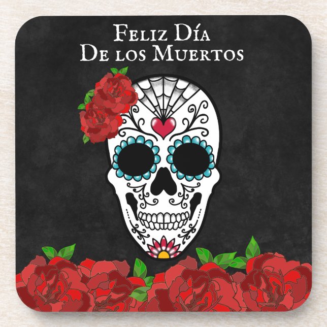 Dessous-de-verre Dia De Los Muertos Rouge Turquoise Crâne à sucre (Devant)
