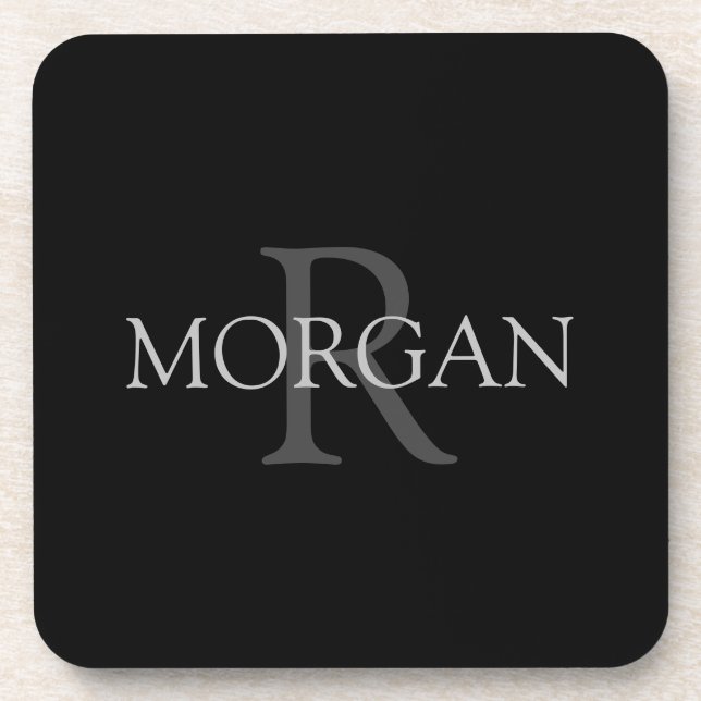 Dessous-de-verre DIY Monogram & Name, Trendy Black with Grey Text (Devant)
