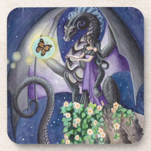 Dessous-de-verre Dragon noir avec l'art de dragon de papillon