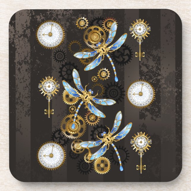 Dessous-de-verre Dragonflies de Steampunk sur arrière - plan rayé b (Devant)