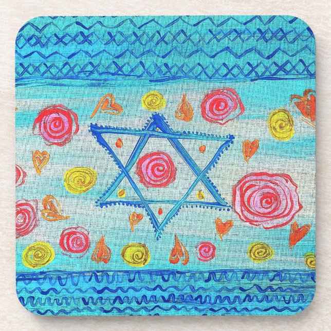 Dessous-de-verre Drapeau israélien lunaire avec fleurs & coeurs (Devant)