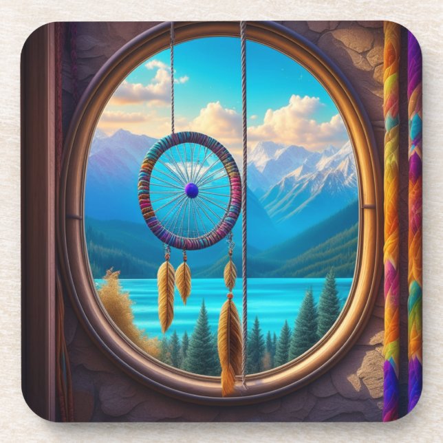 Dessous-de-verre Dreamcatcher dans une fenêtre donnant sur les mont (Devant)