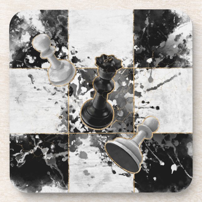 Dessous-de-verre Échecs art abstrait Aquarelle et or (Devant)