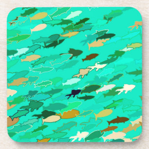 Dessous-de-verre École de Poisson, Aqua, Vert et Or