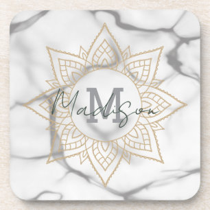 Dessous-de-verre Effet Gris et Marbre blanc Or Mandala Monogramme