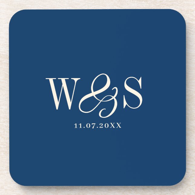 Dessous-de-verre Elégant bleu marine couple mariage initial (Devant)