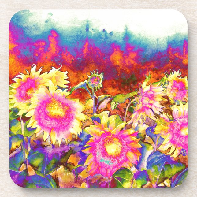 Dessous-de-verre Élégant boho rétro tournesol fleurs rose jaune (Devant)