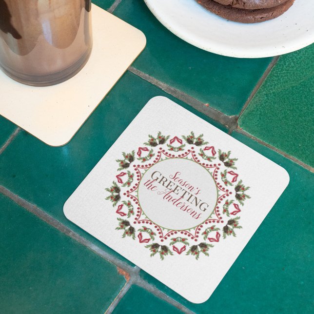 Dessous-de-verre Elégant cercle de vacances Mandala Noël Nom (Season' Greetings holiday greenery paper coaster)