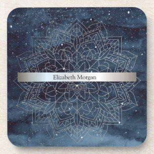 Dessous-de-verre Élégant mandala moderne argenté rayure bleu marine