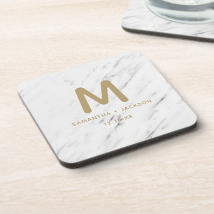 Dessous-de-verre Élégant Marbre blanc et or Mariage à huile Monogra