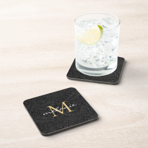 Dessous-de-verre Élégant Monogramme Floral Or Noir
