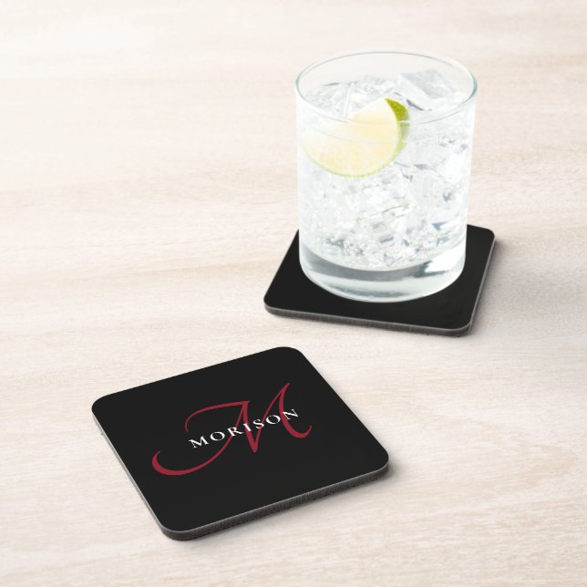 Dessous-de-verre Élégant Monogramme moderne noir rouge (Côté Droit)