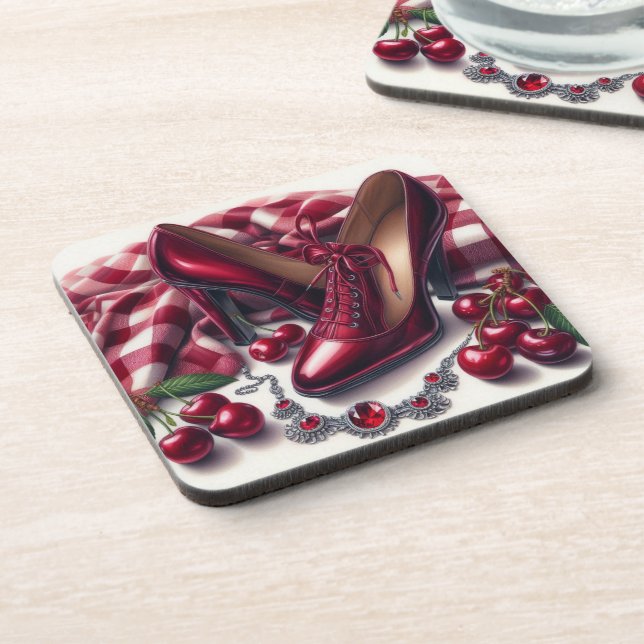 Dessous-de-verre Élégant talons rouges hauts avec cerise (Côté gauche)