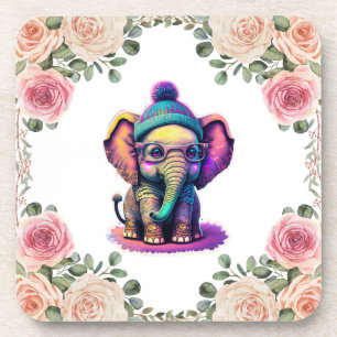Dessous-de-verre Eléphant bébé mignon avec lunettes et Beanie