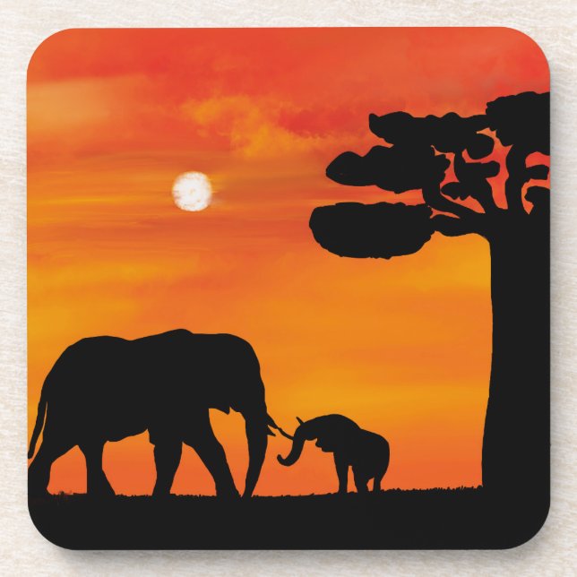 Dessous-de-verre éléphant, , ciel, animaux, lever du soleil, nature (Devant)