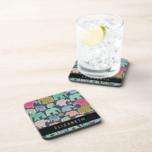 Dessous-de-verre Eléphants colorés, Motif d'éléphants, Votre nom