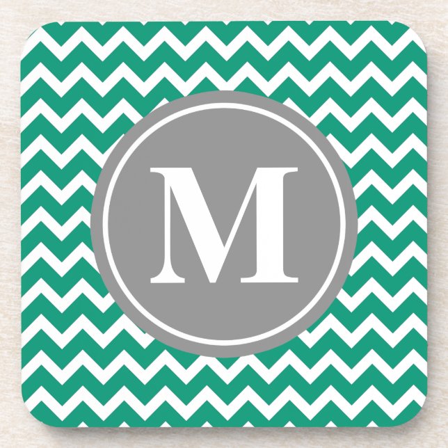 Dessous-de-verre Emerald Chevron Motif Gris Monogramme (Devant)