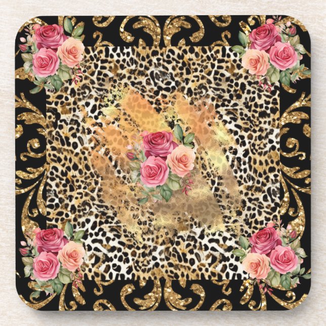 Dessous-de-verre empreinte de léopard avec rose et parties scintill (Devant)