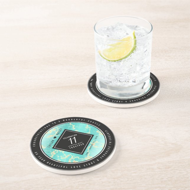 Dessous De Verre En Grès 11ème anniversaire de Mariage turquoise (Côté)