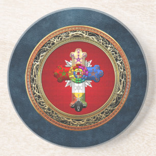 Dessous De Verre En Grès [200] Rosy Cross (Croix Rose) sur Red & Gold
