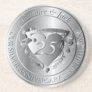 Dessous De Verre En Grès 25e anniversaire du Mariage Coeur d'argent