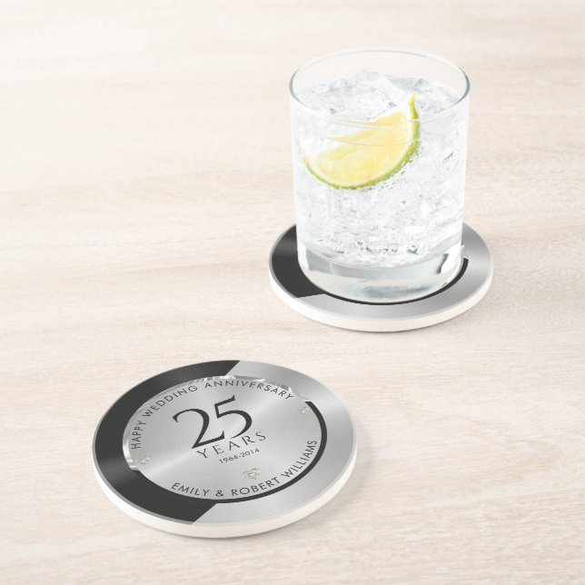 Dessous De Verre En Grès 25e anniversaire du mariage noir et argent 2 (Côté)