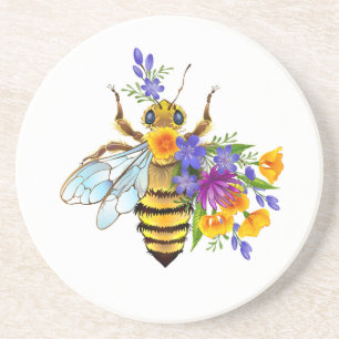 Dessous De Verre En Grès Abeille à fleurs avec plantes sauvages