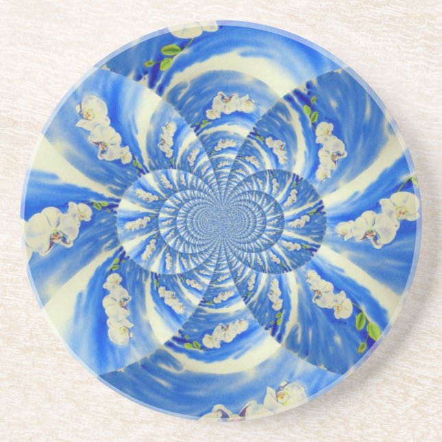 Dessous De Verre En Grès Abstraite peinture florale bleue blanche (Devant)