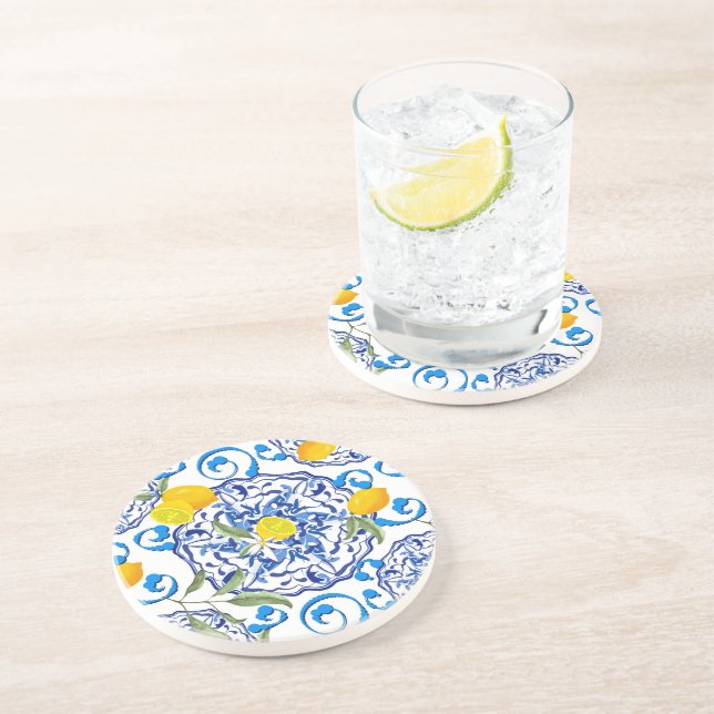 Dessous De Verre En Grès Acitrus d'été, boho, bohème, floral méditerranéen (Côté)