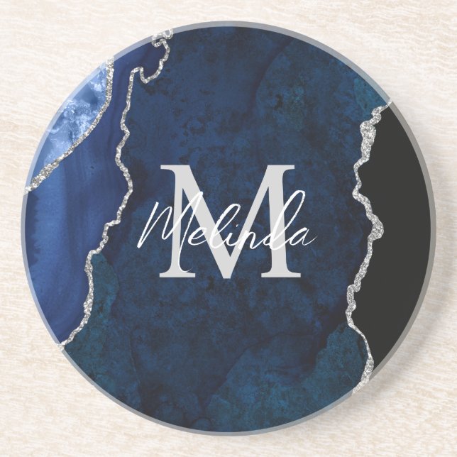 Dessous De Verre En Grès Agate de marbre bleu marine et argenté (Devant)