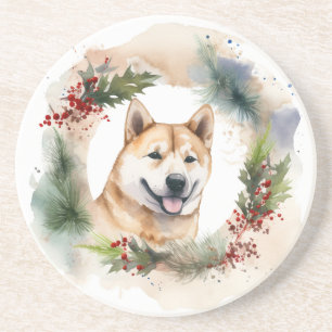 Dessous De Verre En Grès Akita Christmas Wreath Festive Pup