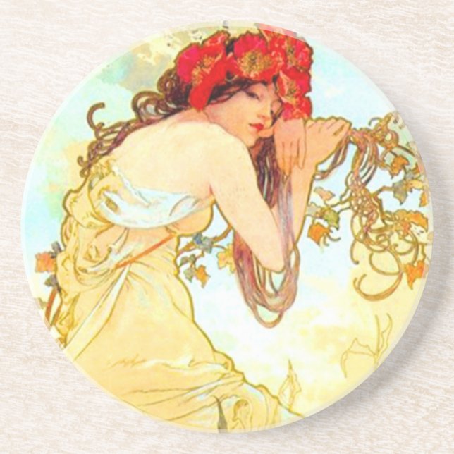 Dessous De Verre En Grès Alphonse Mucha Art Nouveau Été (Devant)