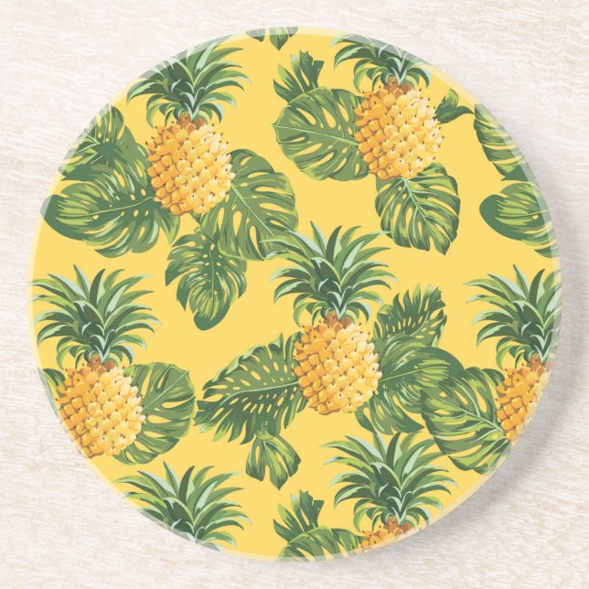 Dessous De Verre En Grès Ananas et Feuilles tropicaux en or (Devant)