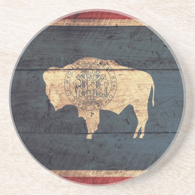 Dessous De Verre En Grès Ancien drapeau du Wyoming au bois (Devant)