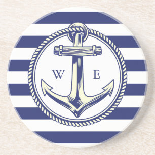 Dessous De Verre En Grès Ancre nautique Bleu marine Rayures