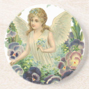 Dessous De Verre En Grès Ange de Pâques victorien avec fleurs de pensée vio
