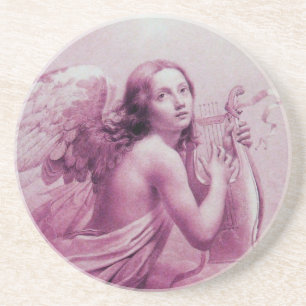 Dessous De Verre En Grès ANGE JOUER LYRA SUR LES NUAGES, rose