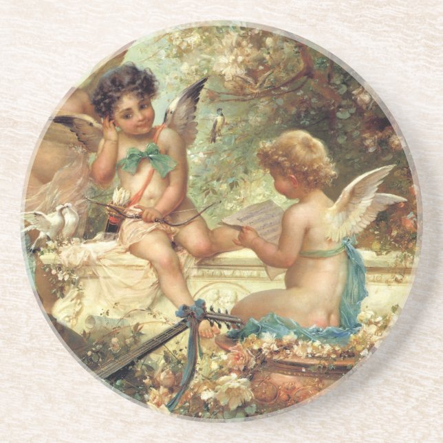 Dessous De Verre En Grès Angels de musicien par Hans Zatzka, Art Victorien (Devant)