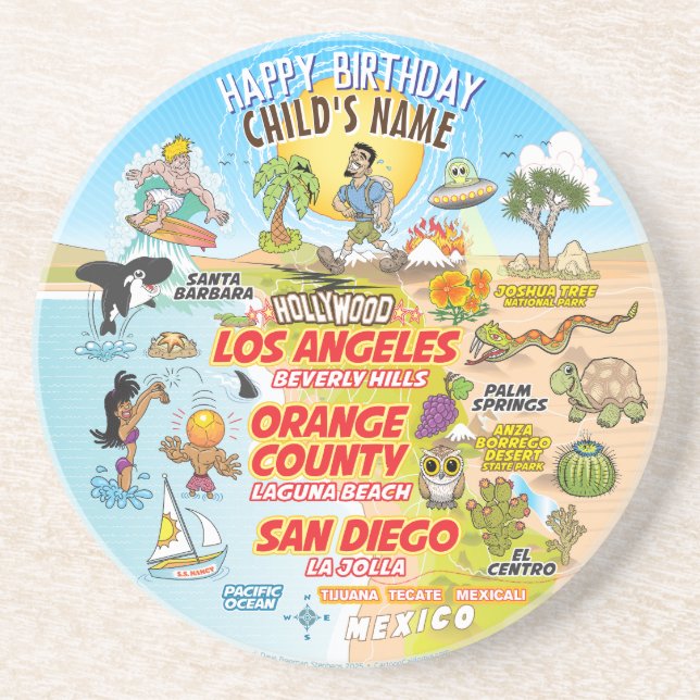Dessous De Verre En Grès Anniversaire personnalisable Sunny California (Devant)