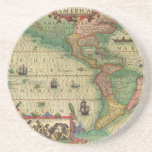 Dessous De Verre En Grès Antique carte du Vieux Monde des Amériques, 1606 (Devant)