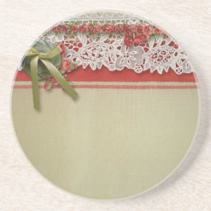 Dessous De Verre En Grès Antique Rose dentelle Rustique Rouge Victorien Bur