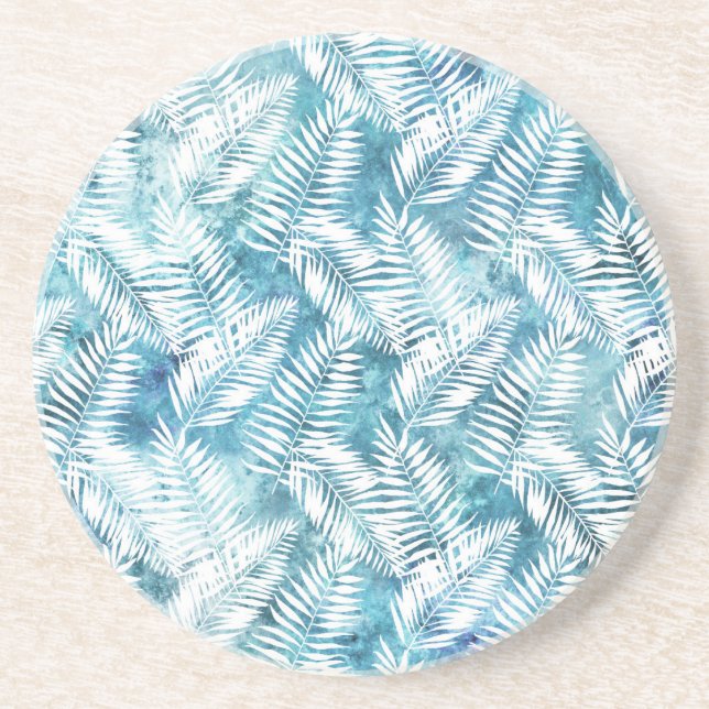 Dessous De Verre En Grès Aqua Bleu Blanc Feuilles tropicaux (Devant)