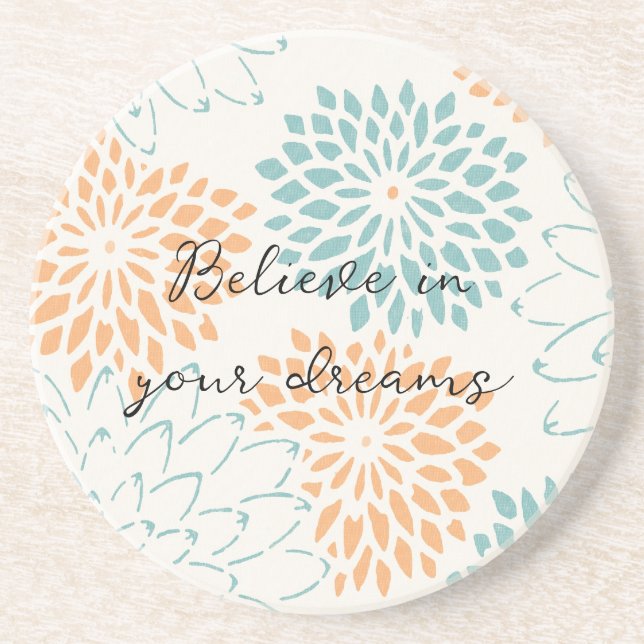 Dessous De Verre En Grès Aqua Blue Peach White Floral (Devant)