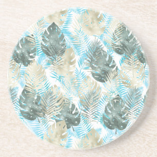 Dessous De Verre En Grès Aqua Green Gold Feuilles Tropicales