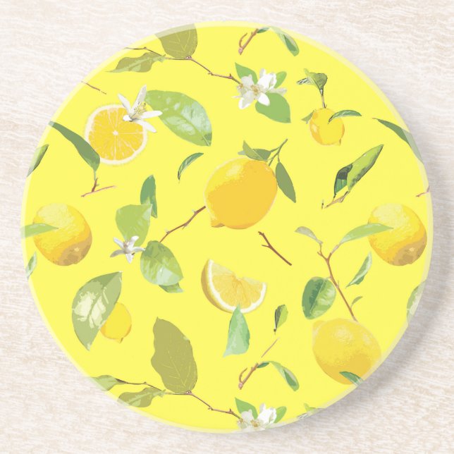 Dessous De Verre En Grès Aquarelle Citron & Feuilles 4 (Devant)
