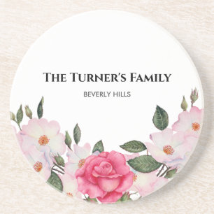 Dessous De Verre En Grès Aquarelle Doux rose blanc Roses illustration