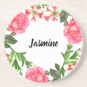 Dessous De Verre En Grès Aquarelle Fleurs roses Circle Conception de courro